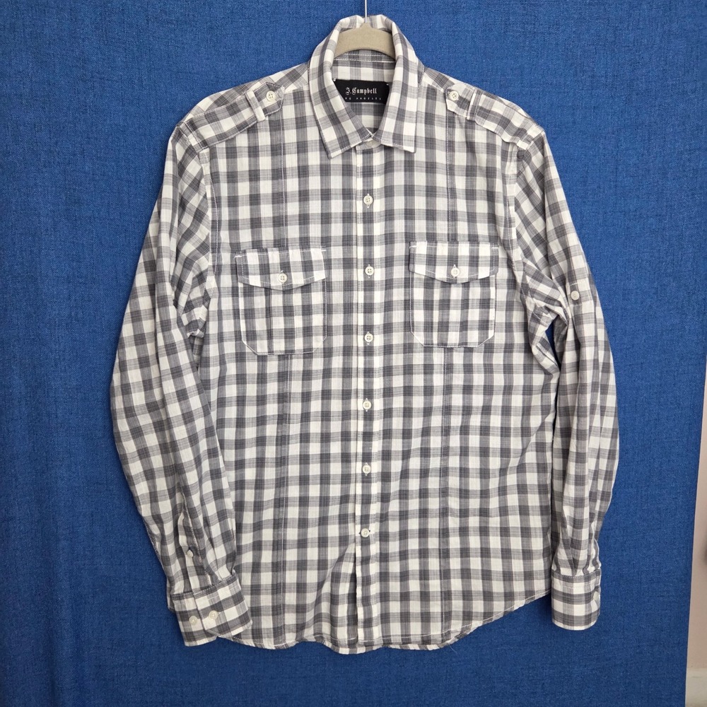 J. Campbell Los Angeles Mens Grey White Plaid Roll Tab Button Down Shirt Medium